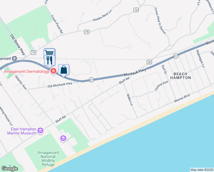 map of restaurants, bars, coffee shops, grocery stores, and more near 82 Bluff Road in Amagansett