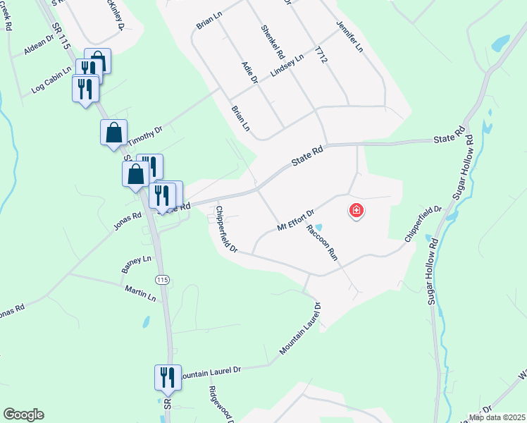 map of restaurants, bars, coffee shops, grocery stores, and more near 112 Scarlet Oak Drive in Effort
