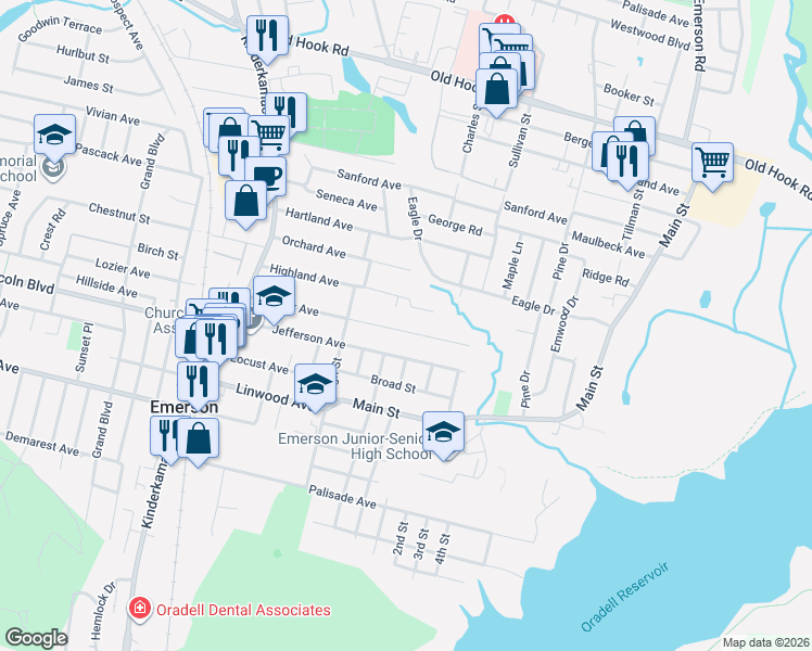 map of restaurants, bars, coffee shops, grocery stores, and more near 140 Dyer Avenue in Emerson