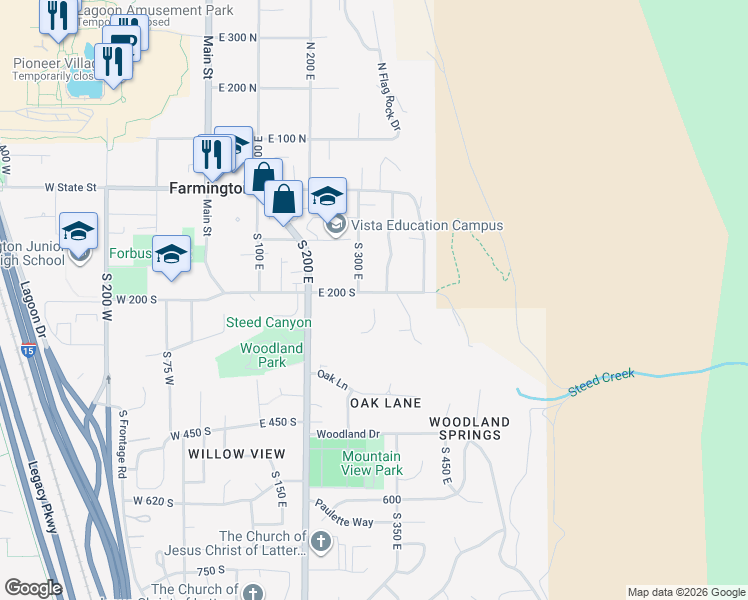 map of restaurants, bars, coffee shops, grocery stores, and more near 328 East 200 South in Farmington
