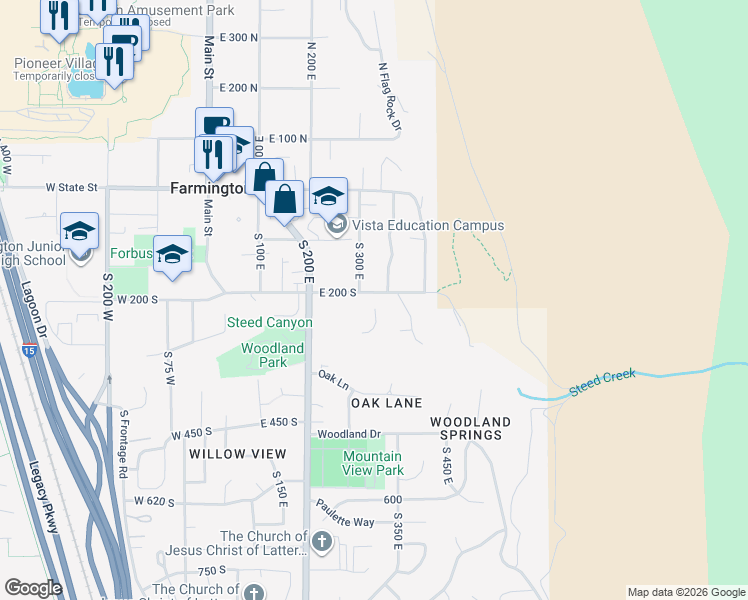 map of restaurants, bars, coffee shops, grocery stores, and more near 328 East 200 South in Farmington