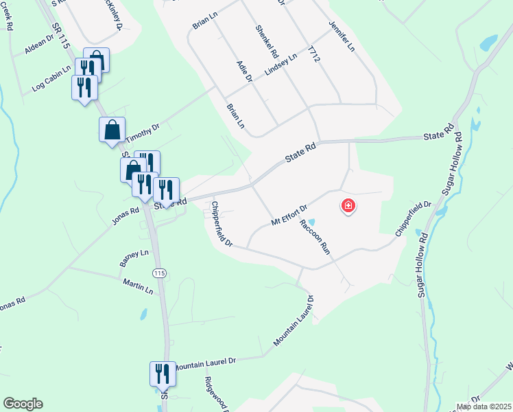 map of restaurants, bars, coffee shops, grocery stores, and more near 112 Scarlet Oak Drive in Effort