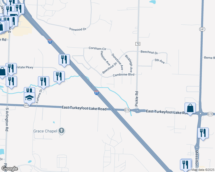 map of restaurants, bars, coffee shops, grocery stores, and more near 1242 Bexley Circle in Akron