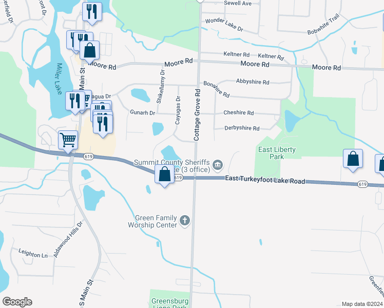 map of restaurants, bars, coffee shops, grocery stores, and more near 3864 Cottage Grove Road in Akron