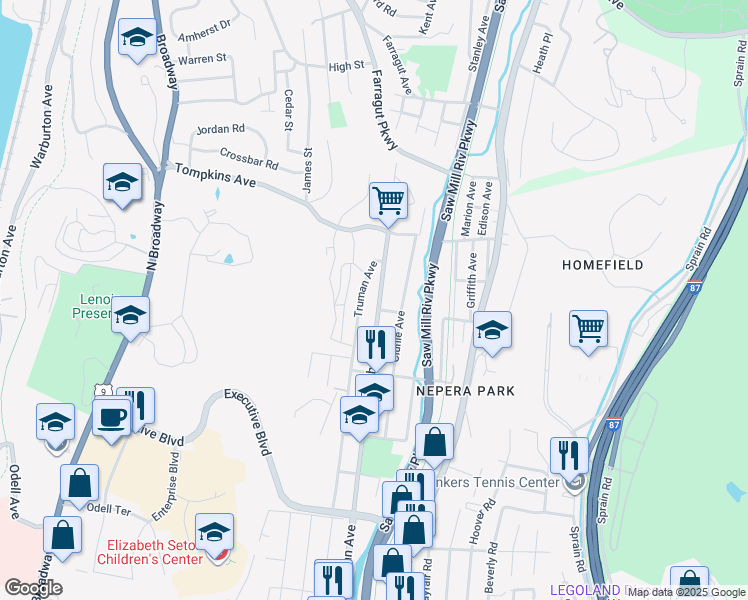 map of restaurants, bars, coffee shops, grocery stores, and more near 1525 Nepperhan Avenue in Yonkers