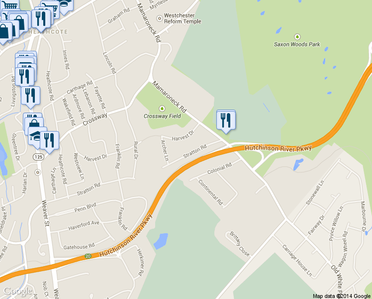 map of restaurants, bars, coffee shops, grocery stores, and more near 68 Stratton Road in Scarsdale