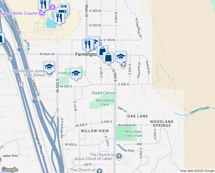 map of restaurants, bars, coffee shops, grocery stores, and more near 150 East 200 South in Farmington