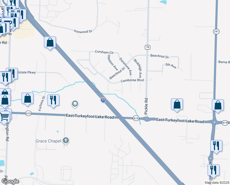 map of restaurants, bars, coffee shops, grocery stores, and more near 1242 Bexley Circle in Akron