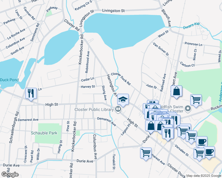 map of restaurants, bars, coffee shops, grocery stores, and more near 178 Harrington Avenue in Closter