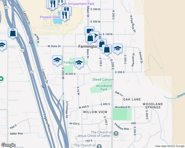 map of restaurants, bars, coffee shops, grocery stores, and more near 64 East 200 South in Farmington