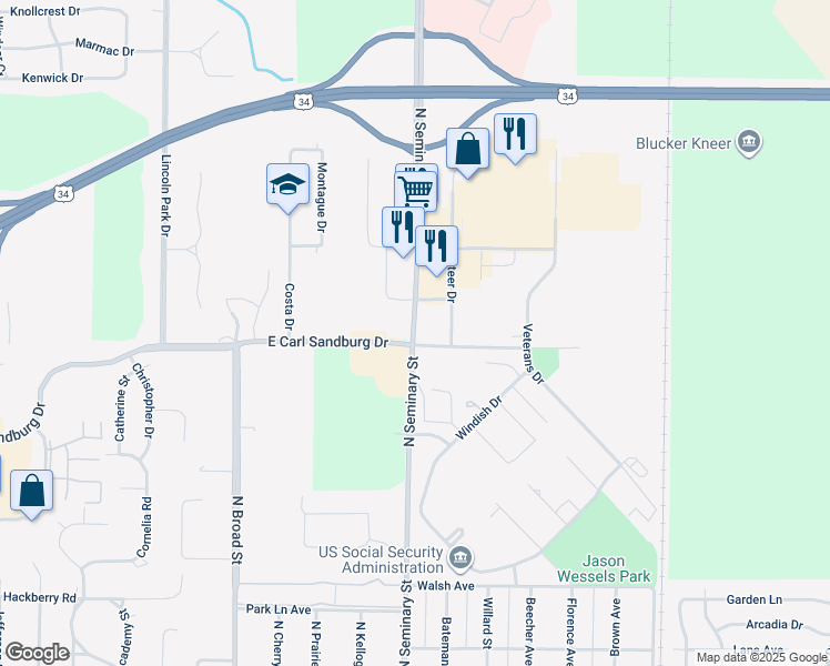 map of restaurants, bars, coffee shops, grocery stores, and more near 157-389 E Carl Sandburg Dr in Galesburg