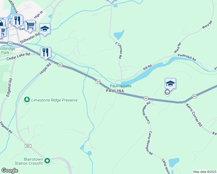 map of restaurants, bars, coffee shops, grocery stores, and more near 20 New Jersey 94 in Blairstown