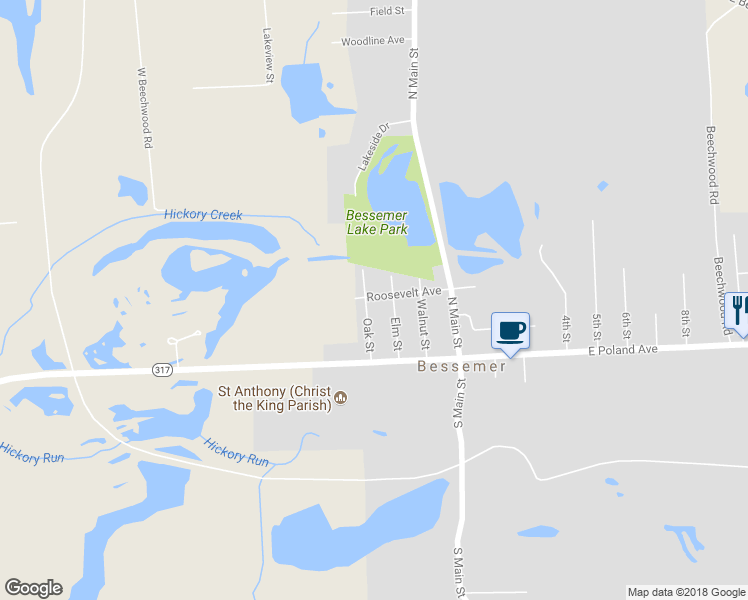 map of restaurants, bars, coffee shops, grocery stores, and more near 30 Oak Street in Bessemer