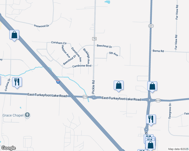 map of restaurants, bars, coffee shops, grocery stores, and more near 3203 Pickle Road in Akron