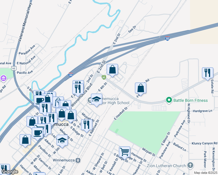 map of restaurants, bars, coffee shops, grocery stores, and more near 537 East 4th Street in Winnemucca