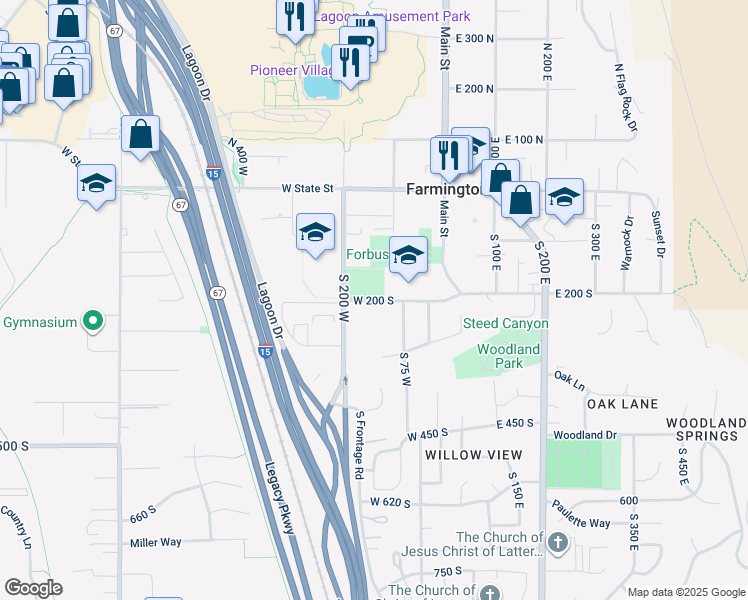 map of restaurants, bars, coffee shops, grocery stores, and more near 225 South 200 West in Farmington