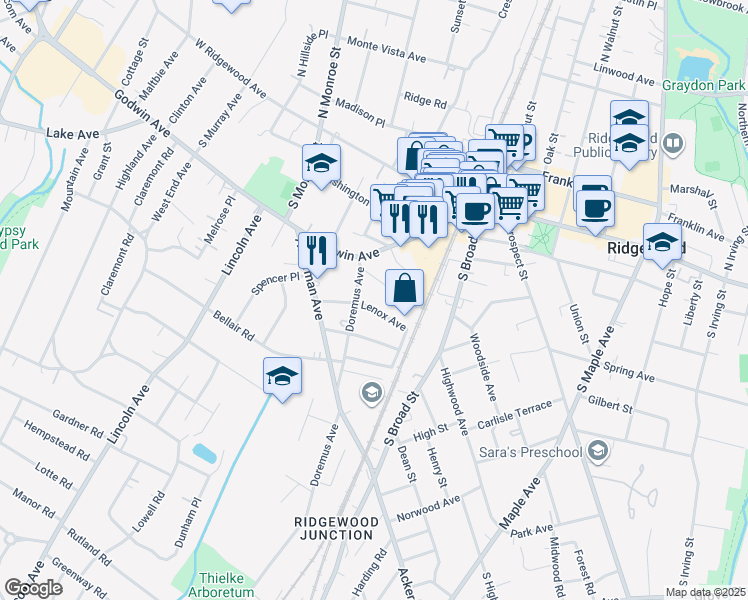 map of restaurants, bars, coffee shops, grocery stores, and more near 121 Doremus Avenue in Ridgewood
