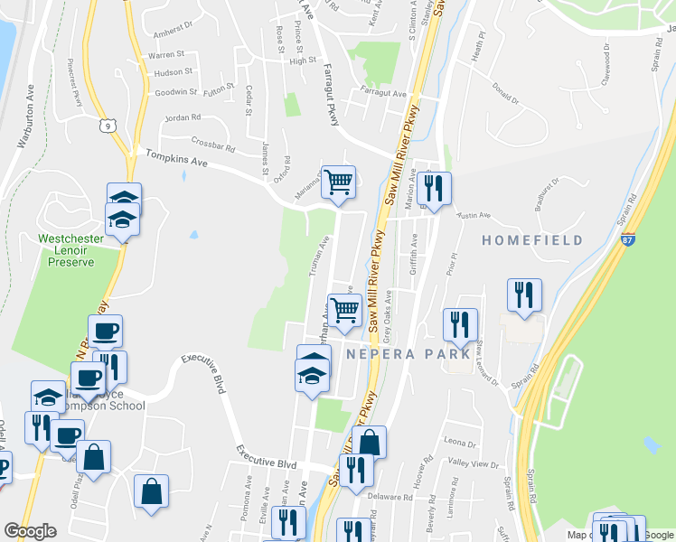 map of restaurants, bars, coffee shops, grocery stores, and more near 1528 Nepperhan Avenue in Yonkers