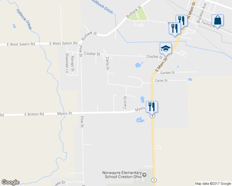 map of restaurants, bars, coffee shops, grocery stores, and more near 103 Wayne Avenue in Creston