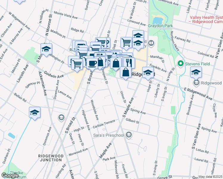 map of restaurants, bars, coffee shops, grocery stores, and more near 145 Prospect Street in Ridgewood