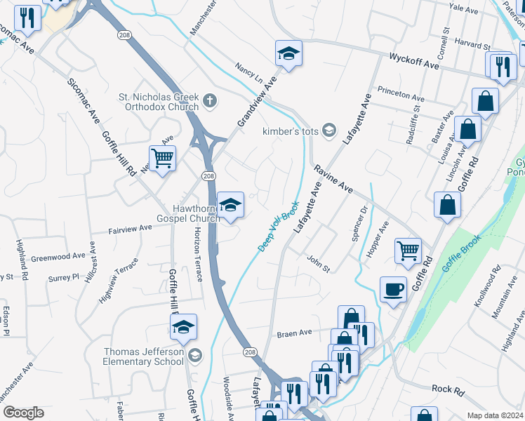 map of restaurants, bars, coffee shops, grocery stores, and more near 401 Huntington Court in Wyckoff
