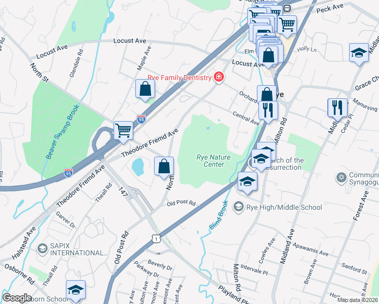 map of restaurants, bars, coffee shops, grocery stores, and more near 873 Boston Post Road in Rye
