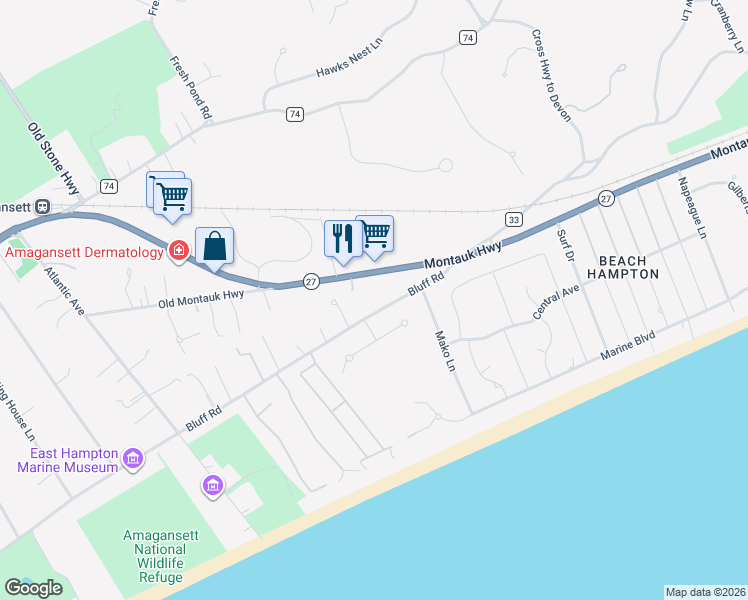map of restaurants, bars, coffee shops, grocery stores, and more near 82 Bluff Road in Amagansett