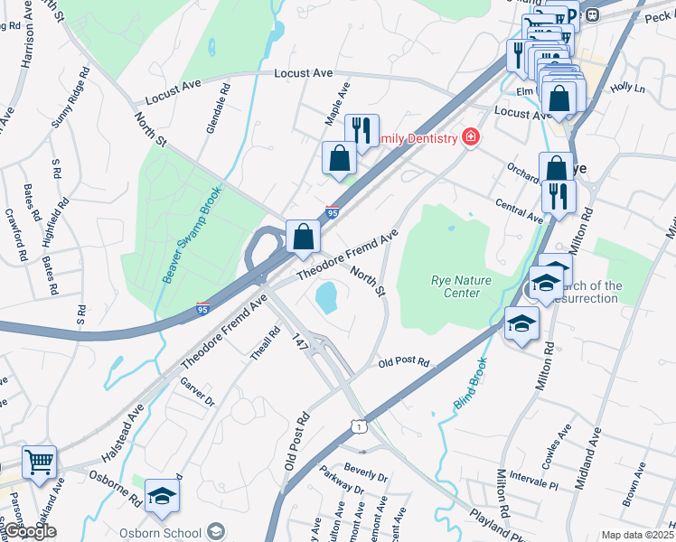 map of restaurants, bars, coffee shops, grocery stores, and more near 125 North Street in Rye