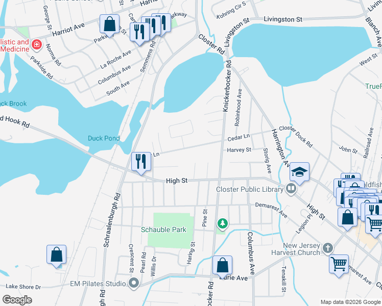 map of restaurants, bars, coffee shops, grocery stores, and more near 108 Cedar Lane in Closter