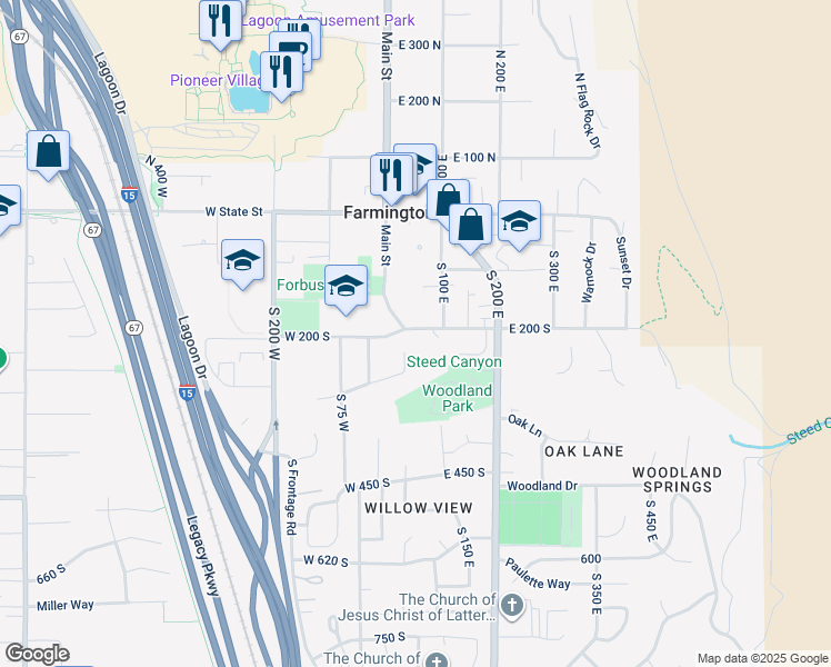 map of restaurants, bars, coffee shops, grocery stores, and more near 64 East 200 South in Farmington