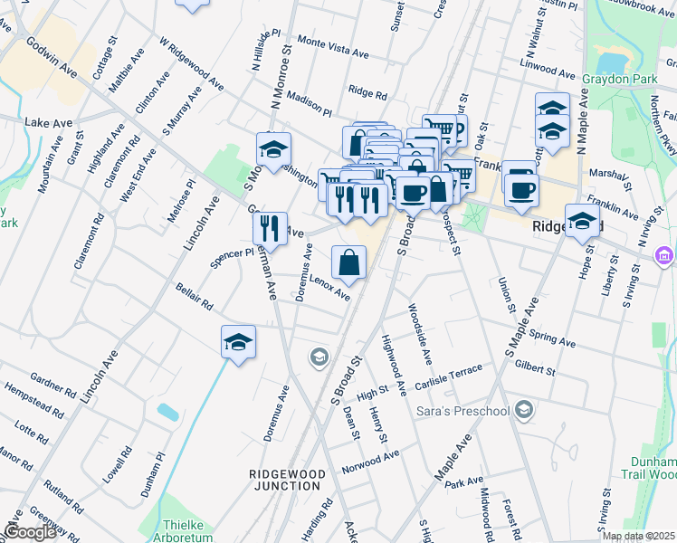 map of restaurants, bars, coffee shops, grocery stores, and more near 28 Ethelbert Place in Ridgewood