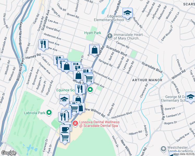 map of restaurants, bars, coffee shops, grocery stores, and more near 111 Gaylor Road in Scarsdale