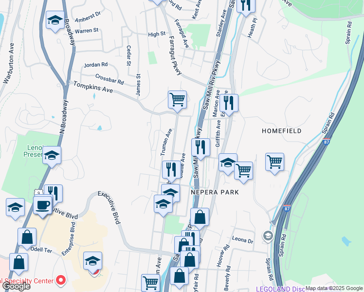 map of restaurants, bars, coffee shops, grocery stores, and more near 1525 Nepperhan Avenue in Yonkers