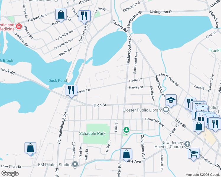 map of restaurants, bars, coffee shops, grocery stores, and more near 108 Cedar Lane in Closter