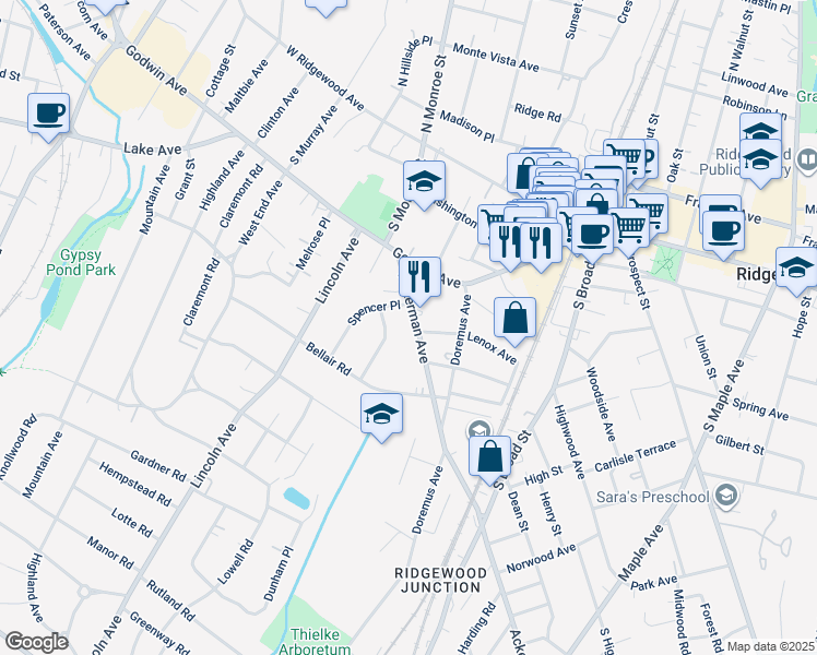 map of restaurants, bars, coffee shops, grocery stores, and more near 178 Katherine Road in Ridgewood
