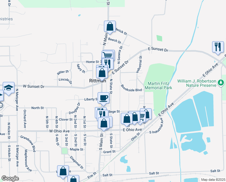map of restaurants, bars, coffee shops, grocery stores, and more near 152 North State Street in Rittman