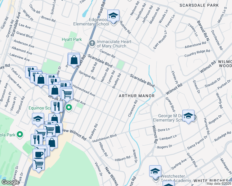 map of restaurants, bars, coffee shops, grocery stores, and more near 153 Madison Road in Scarsdale