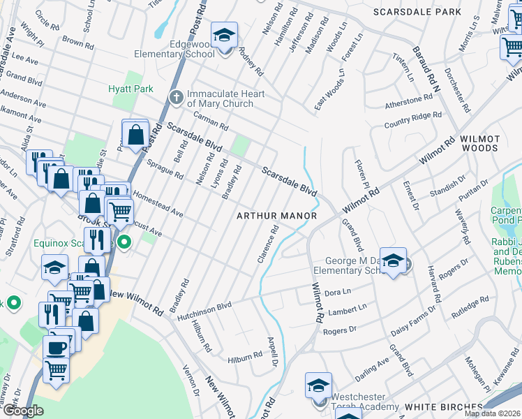 map of restaurants, bars, coffee shops, grocery stores, and more near 85 Sprague Road in Scarsdale