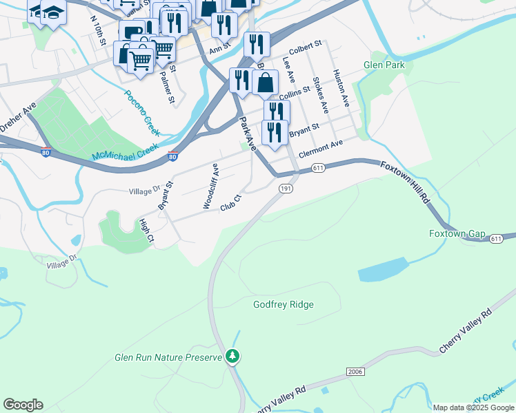 map of restaurants, bars, coffee shops, grocery stores, and more near in Stroudsburg