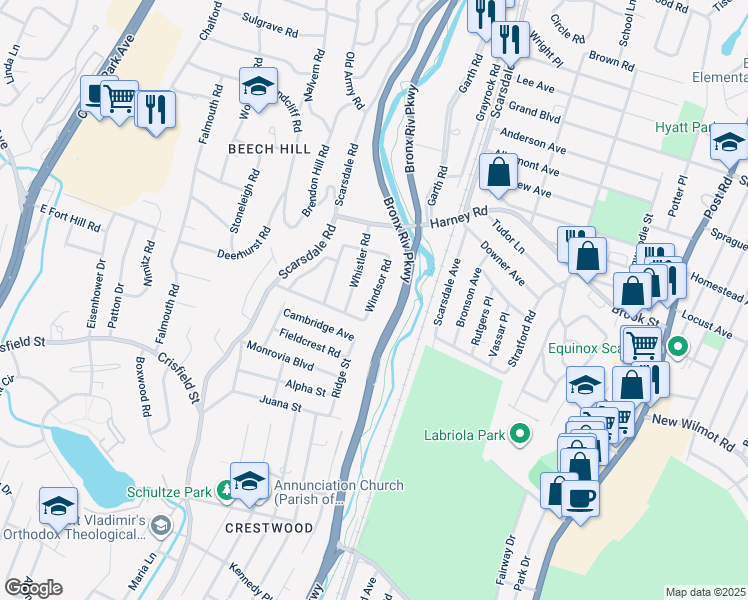 map of restaurants, bars, coffee shops, grocery stores, and more near 16 Windsor Road in Scarsdale