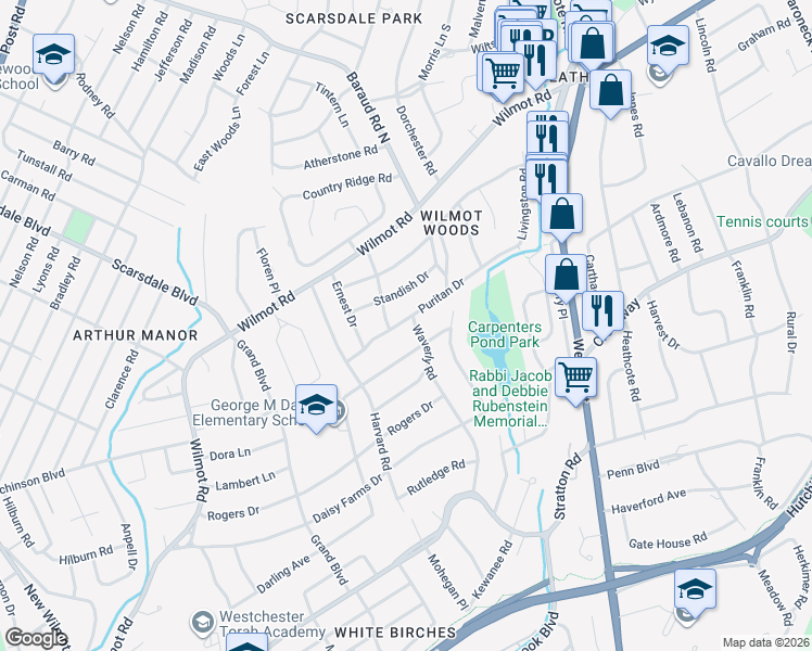 map of restaurants, bars, coffee shops, grocery stores, and more near 120 Puritan Drive in Scarsdale