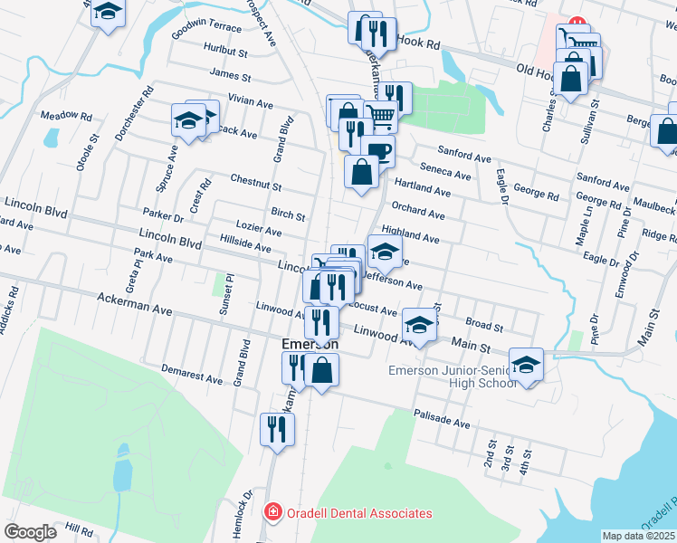 map of restaurants, bars, coffee shops, grocery stores, and more near 10 Lincoln Boulevard in Emerson