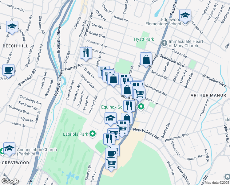 map of restaurants, bars, coffee shops, grocery stores, and more near 150 Brook Street in Scarsdale