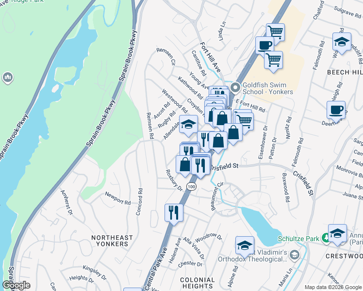 map of restaurants, bars, coffee shops, grocery stores, and more near 43 Croydon Road in Yonkers