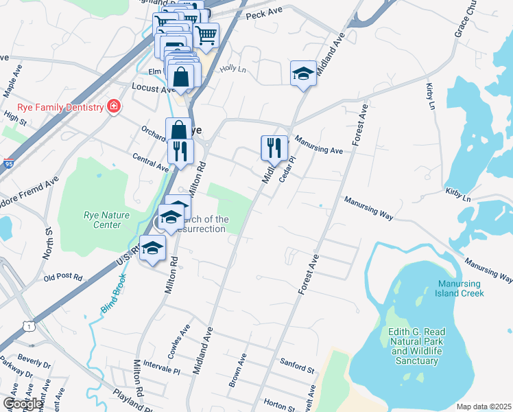 map of restaurants, bars, coffee shops, grocery stores, and more near 336 Midland Avenue in Rye