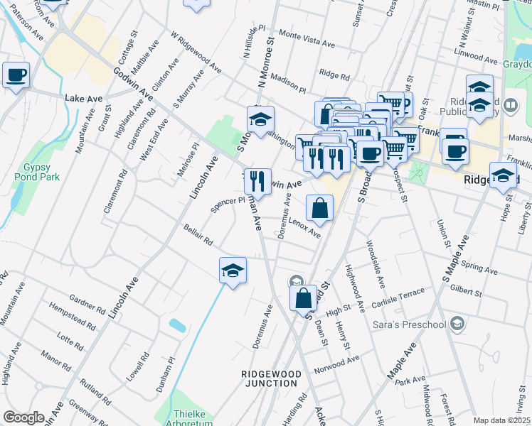 map of restaurants, bars, coffee shops, grocery stores, and more near 121 Lenox Avenue in Ridgewood