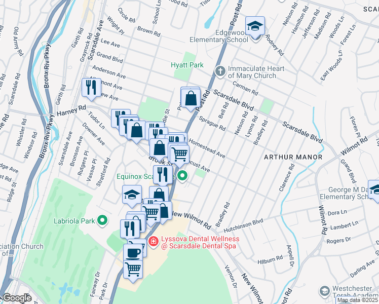 map of restaurants, bars, coffee shops, grocery stores, and more near 111 Gaylor Road in Scarsdale