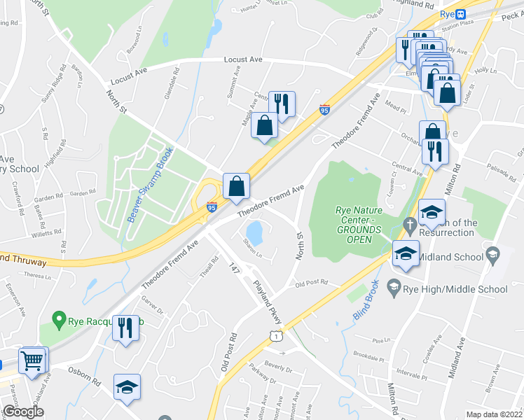 map of restaurants, bars, coffee shops, grocery stores, and more near 125 North Street in Rye