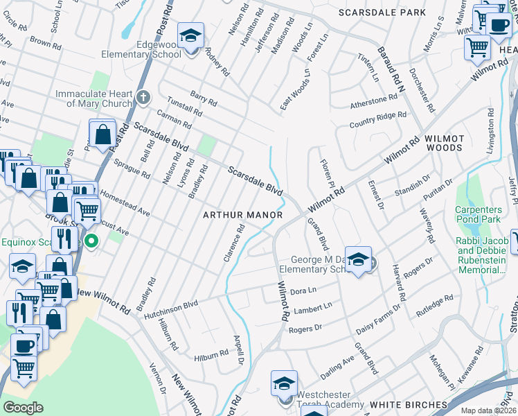 map of restaurants, bars, coffee shops, grocery stores, and more near 164 Clarence Road in Scarsdale