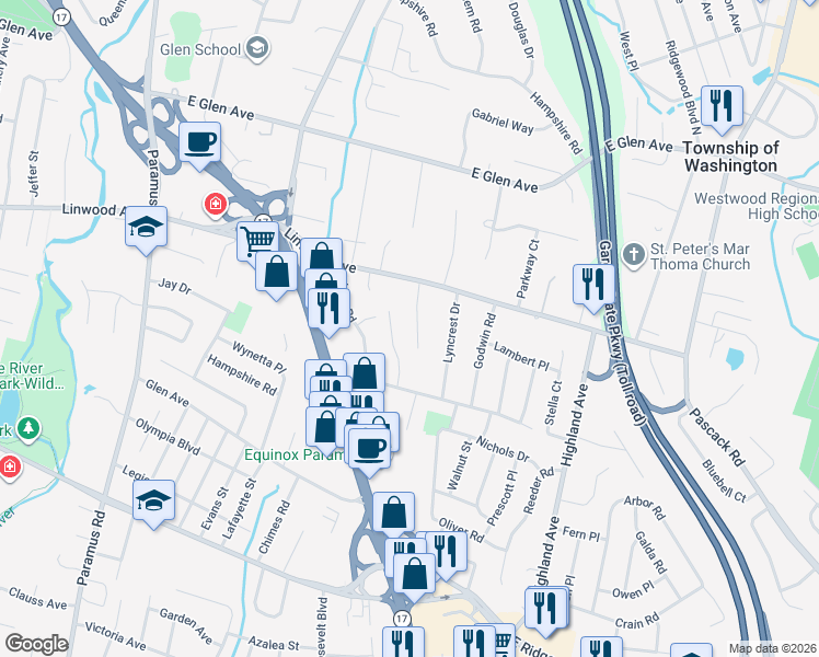map of restaurants, bars, coffee shops, grocery stores, and more near 826 Carter Lane in Paramus